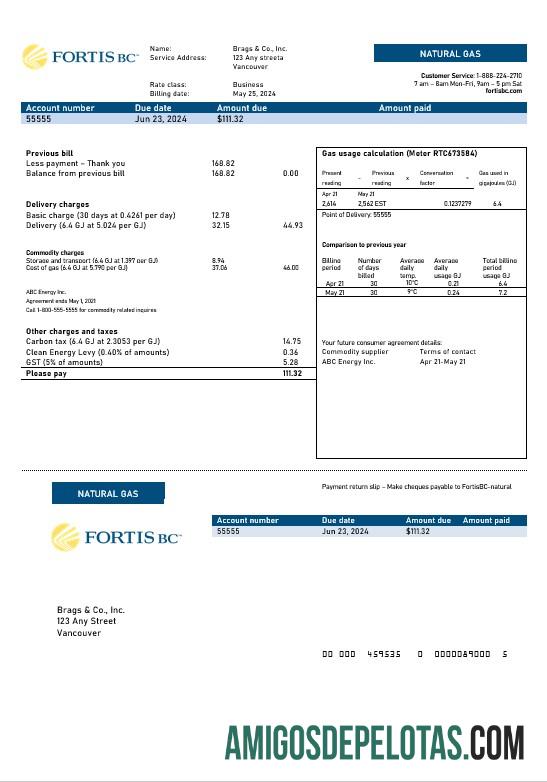 Para baixar modelo de conta de serviços públicos FortisBC da Colúmbia Britânica do Canadá (2)